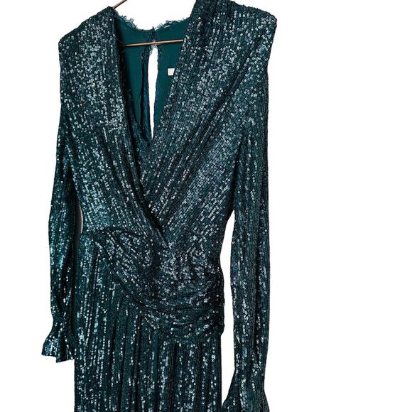 JONATHAN SIMKHAI Sequin Embroidered Long Sleeve Draped Front Marine Gown Size 2 - Picture 6 of 14